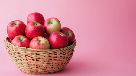 Fresh apples nestled in a bamboo basket against a pastel background, promoting their use in reducing dark circles.の素材