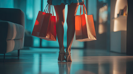 Focused view on a womanaes legs, holding shopping bags, stylish heels, cropped and toned, returning home after a shopping spree, modern interiorの素材