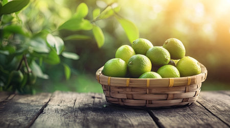 Fresh limes in a wooden basket on a rustic wooden table, set against a lush garden background.の素材