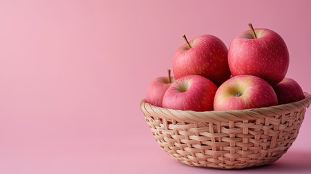 Fresh apples nestled in a bamboo basket against a pastel background, promoting their use in reducing dark circles.の素材