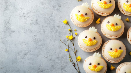 French macarons decorated as Easter chicks, filled with vanilla and lemon curd, set against a concrete background with room for text.の素材