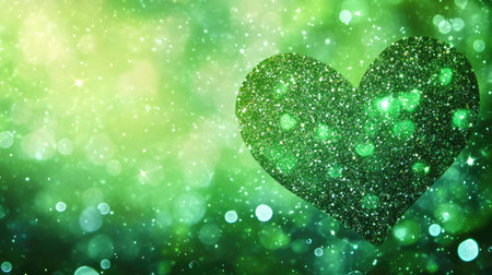 Fresh green background with heart-shaped bokeh and glittering sparkles, perfect for a cute and whimsical design.の素材