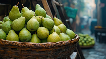 Fresh green pears stacked in a basket in Depok, Indonesia - August 1st, 2024. A sweet and juicy harvest ready for the market.の素材