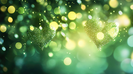 Fresh green heart bokeh with glittering sparkles, creating a cute and lively background for a joyful design.の素材