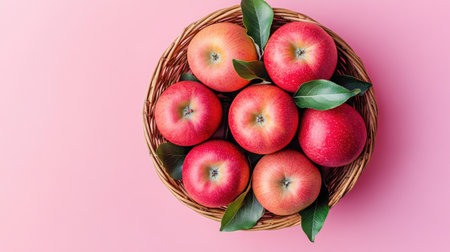 Fresh apples arranged in a bamboo basket on a pastel background, focusing on the skincare benefits of apple extract for dark circles.の素材