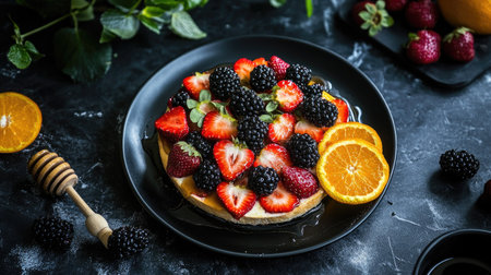 A black plate holding round bread adorned with strawberries, blackberries, and honey, with fresh orange slices on the side, captured with a dark, moody backgroundの素材