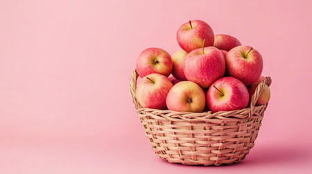 Fresh apples arranged in a bamboo basket on a pastel background, focusing on the skincare benefits of apple extract for dark circles.の素材