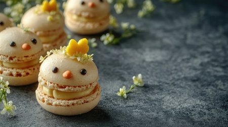 Fun and festive chick-shaped macarons for Easter, filled with vanilla and lemon, on a concrete surface with space for your message.の素材