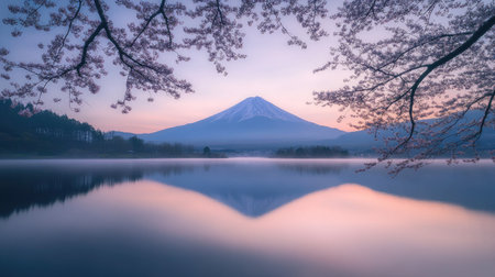 Fuji Mountain reflected in the still waters of Lake Kawaguchiko, framed by blooming pink sakura branches at dawn. A tranquil spring scene in Japan.の素材