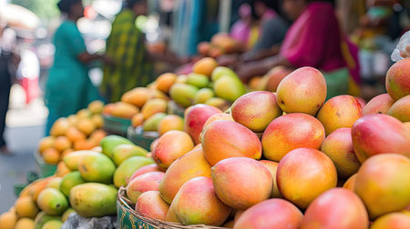 Freshly picked mangoes on display at a busy street market, with customers selecting fruits in the background.の素材