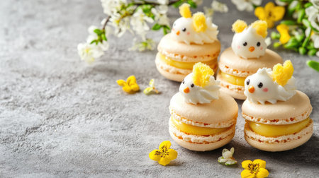 Funny and cute Easter chick macarons on a concrete background, filled with vanilla cream and lemon curd. Ample space for your message or design.の素材