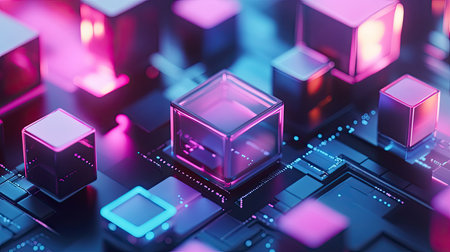 Futuristic business technology scene with isometric 3D cubes, creating an abstract representation of innovation.の素材