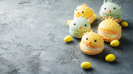 Fun and festive chick-shaped macarons for Easter, filled with vanilla and lemon, on a concrete surface with space for your message.の素材