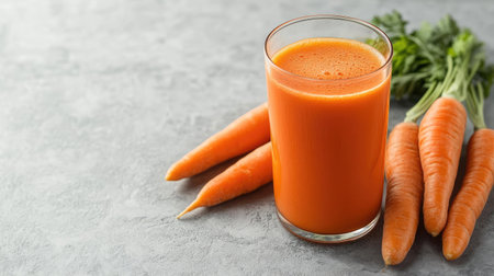 Freshly made carrot juice in a glass, with whole carrots on a grey textured surface, set against a clean white background. Ideal for health and wellness themes.の素材