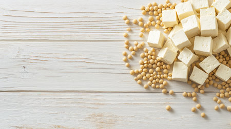 Fresh tofu cubes and soybeans on a clean white wooden table, with space on the side for text.の素材