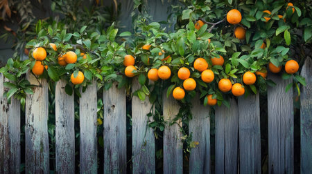 Fruit-laden orange tree branches cascading over a fence, adding a pop of color and nature to the garden setting. A beautiful blend of greenery and fruit.の素材