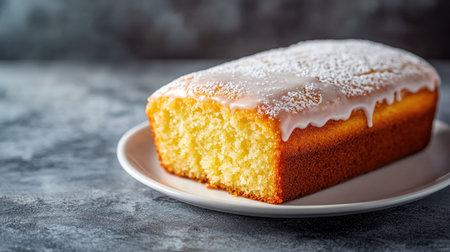 Freshly baked lemon loaf cake with sugar icing on a clean white plate, set on a stone surface with ample copy space.の素材
