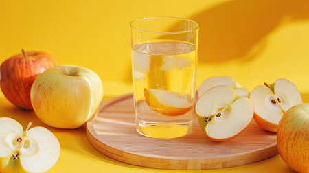 Front view of a wooden tray on perfectly arranged apple halves, featuring a glass of detox water on a bright yellow background. Apples add a vitamin C boost to this vibrant scene.の素材