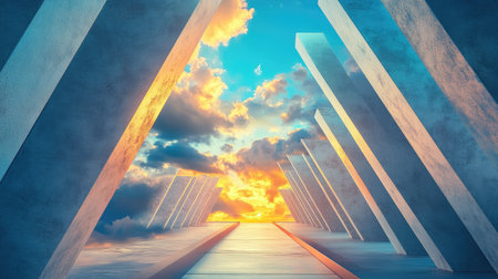 Futuristic corridor with bold geometric designs and sharp lines, framing a vibrant sky with dramatic cloud formations and bright sunlight, blending architecture with nature.の素材