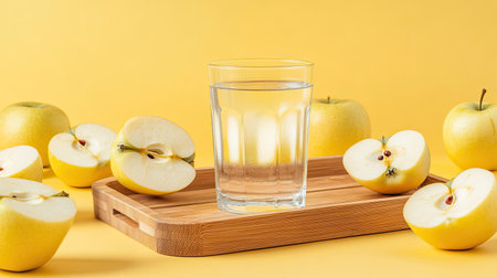 Front view of a wooden tray with a glass of detox water, surrounded by evenly arranged apple halves on a yellow background. Apples offer a rich source of vitamin C.の素材