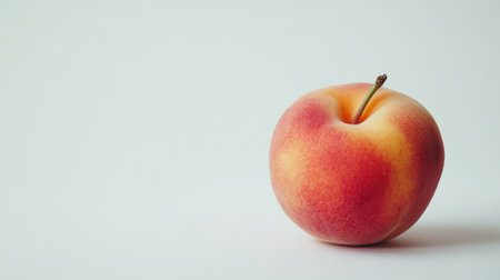 Freshly picked Japanese peach with vibrant skin, placed against a white background, offering ample space for text.の素材