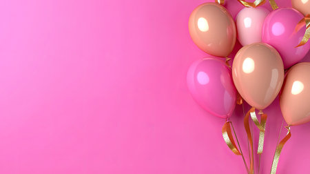 Glamorous birthday card with 3D balloons in pastel tones and a luxurious gold ribbon, set on a vibrant pink background. Realistic design with a touch of elegance.の素材