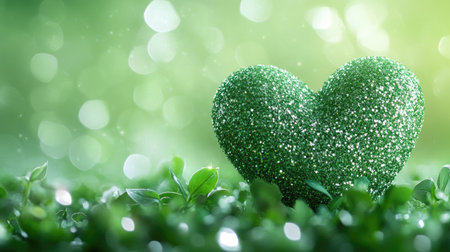 Green heart-shaped bokeh with glitter on a fresh background, creating a cute and sparkling scene.の素材
