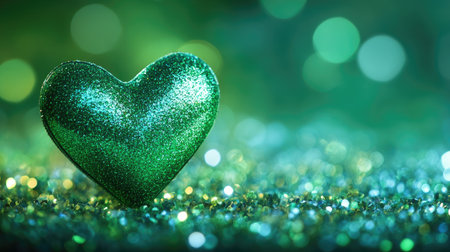 Green heart-shaped bokeh with glitter on a fresh background, creating a cute and sparkling scene.の素材