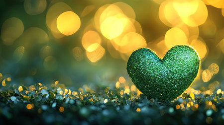 Green heart bokeh with shimmering glitter on a fresh background, creating a cute and joyful scene.の素材