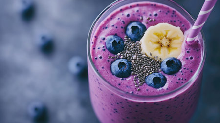 Glass of blueberry and banana smoothie with chia seeds and yogurt, set against a smooth gray concrete backdrop.の素材