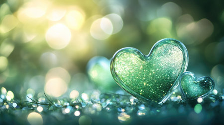 Glittering green hearts and soft bokeh lights on a fresh background, adding a touch of sparkle and charm.の素材