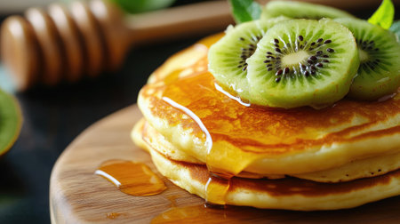 Golden pancakes drizzled with honey and garnished with fresh kiwi slices, served on a wooden board for a healthy and appetizing breakfastの素材