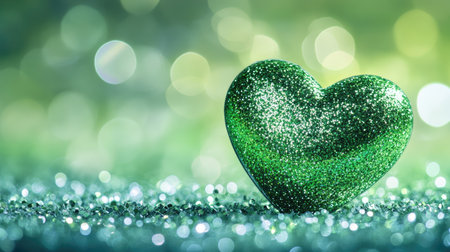 Green heart-shaped bokeh with glitter on a fresh background, creating a cute and sparkling scene.の素材