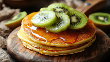 Golden pancakes drizzled with honey and garnished with fresh kiwi slices, served on a wooden board for a healthy and appetizing breakfastの素材