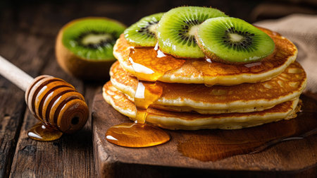 Golden pancakes served on a wooden board, with honey dripping down the sides and fresh kiwi slices arranged on top, creating a visually appetizing and healthy breakfastの素材