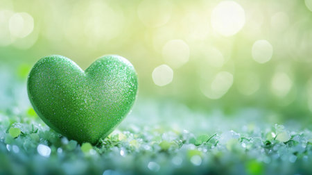 Green heart bokeh with a touch of glitter on a fresh background, evoking a cute and cheerful vibe.の素材