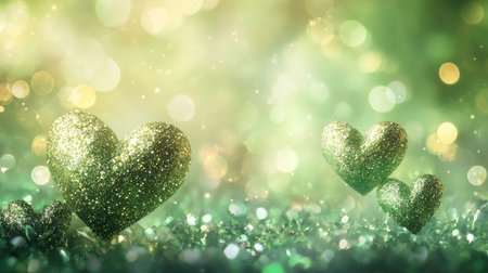 Glittering green hearts and soft bokeh lights on a fresh background, adding a touch of sparkle and charm.の素材