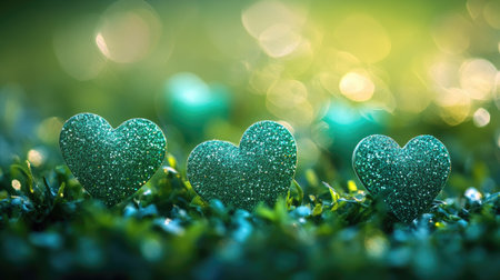 Green heart bokeh with a touch of glitter on a fresh background, evoking a cute and cheerful vibe.の素材