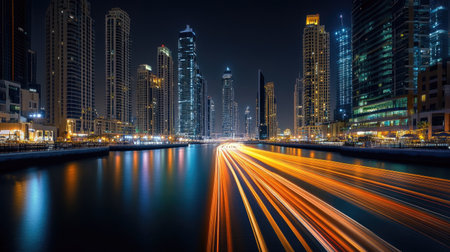 Marina Light Trails: A beautiful long exposure shot of Dubai Marina at night, showcasing the light trails and reflections on the water from the towering buildings.の素材
