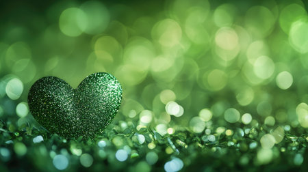 Green heart bokeh with a touch of glitter on a fresh background, evoking a cute and cheerful vibe.の素材