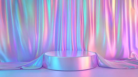 Iridescent holographic fabric draped behind a 3D podium, offering a dynamic and colorful abstract background.の素材