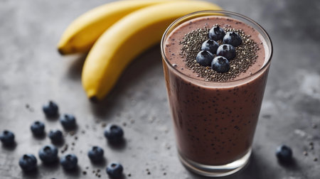 Healthy smoothie made with blueberries, banana, chia seeds, and yogurt in a glass, placed on a minimalist gray concrete surface.の素材