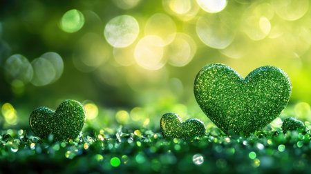 Green heart-shaped bokeh with glitter on a fresh background, creating a cute and sparkling scene.の素材