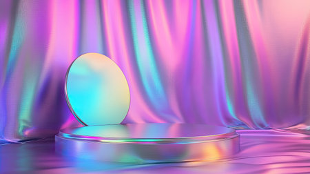 Iridescent holographic fabric texture behind a sleek 3D podium, creating a futuristic and stylish background.の素材