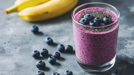 Healthy smoothie made with blueberries, banana, chia seeds, and yogurt in a glass, placed on a minimalist gray concrete surface.の素材