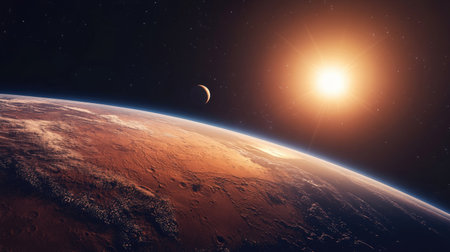 Majestic view of Earth and Mars from space, with both planets aligned, highlighting the vast distance and beauty of the solar system. Elements furnished by NASAの素材