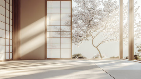 Minimalist Japanese interior with soft light streaming through sliding doors and sakura blossoms in the background. Ideal for a branding presentation that emphasizes simplicity.の素材