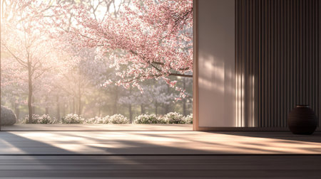Minimalist Japanese interior with soft light streaming through sliding doors and sakura blossoms in the background. Ideal for a branding presentation that emphasizes simplicity.の素材