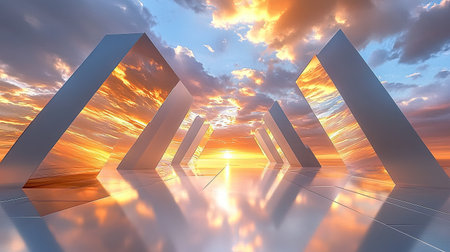 Modern geometric corridor with sharp angles and reflective surfaces, leading to a serene sky filled with fluffy clouds and golden hues of sunset.の素材