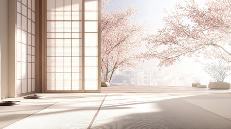 Minimalist Japanese interior with soft light streaming through sliding doors and sakura blossoms in the background. Ideal for a branding presentation that emphasizes simplicity.の素材